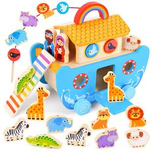 lot 19758 image: Toddlers Noahs Ark Toys with Wooden Animal Shape Sorters, Baptism Gifts for Girls Boys 2 3 4 Years Old, Montessori Educational Toys for Toddlers, Bible Story Book for Kids Ages 2-4