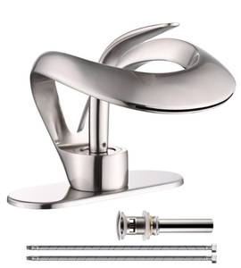 lot 19760 image: Elegant Bathroom Sink Faucet Single Hole,AUU Waterfall Brushed Nickel Vanity Sink Faucet Solid Brass,Single Handle Basin Tap with Pop Up Drian Deck Plate Supply Line (Brushed Nickel, Short)