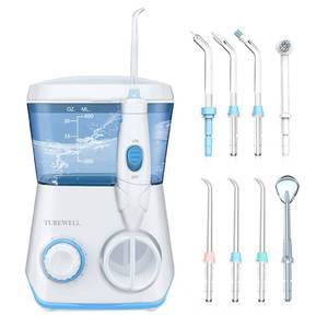 lot 19763 image: TUREWELL Water Flossing Oral Irrigator, 600ML Dental Cleaner 10 Adjustable Pressure, Electric Oral Flosser for TeethBraces, 8 Replacement Jet Tips for Family (White)