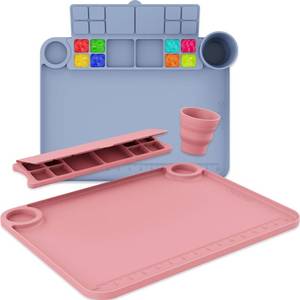 lot 19778 image: Svartur Silicone Painting Mat with Cup and Palette Detachable, 17X13 Thick Silicone Craft Mat with Raised Edge for Artist, Painting Station Creator Mat, Gray & Coral Pink