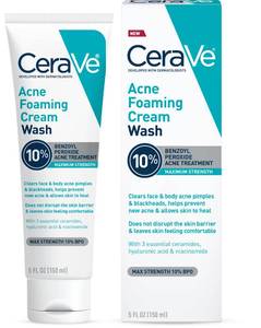 lot 20392 image: CeraVe Acne Foaming Cream Wash, Gentle Face and Body Cleanser with Benzoyl Peroxide 10%, Hyaluronic Acid, and Niacinamide, 10% Benzoyl Peroxide Treatment Clears Pimples and Blackheads 5 Oz