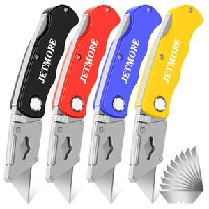lot 20407 image: JETMORE 4 Pack Folding Utility Knife with Extra 10Pcs Blades, Box Cutters for Home, Office, Warehouse, Durable Razor Knife, Box Knife, Box Opener, Small Box Cutter with Clip, Navajas de Trabajo
