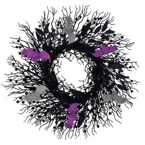 lot 20414 image: Halloween Wreath for Front Door - 20 Inch Black Wreath with Black Berries, Leaves & Silver Purple Bats, Spooky Gothic Decor for Indoor Outdoor, Haunted House Party Decoration