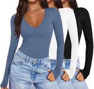 lot 20429 image: Ekouaer Deep V Neck Shirts for Women Low Cut Long Sleeve Tops Slim Fit Basic Cleavage Tees Deep Plunge Thermal Tshirts Black  Brown  Grey Blue XS