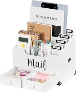 lot 7219 image: White Wooden Mail Organizer with Label Holders (Cracked)