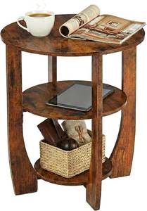 lot 111387 image: Rustic Brown Round Side Table, 3-Tier End Table with Storage Shelves, Farmhouse Nightstand for Bedroom, Small Accent Table for Living Room Sofa, 19.7 D x 21.7 H