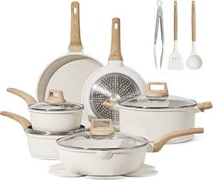 lot 111400 image: Retails for $106 CAROTE 16 Piece Pots and Pans Set Nonstick, White Granite Cookware Sets Induction Cookware, Non Stick Cooking Set wFrying Pans & Saucepans (PFOS, PFOA Free)