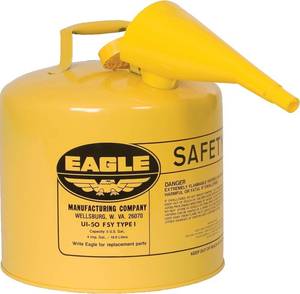 lot 111408 image: Eagle 5 Gallon Type I Yellow Safety Gas Can for Diesel with Flame Arrester, Self-Closing Lid, and F-15 Funnel, Made in the USA, Galvanized Steel Flammable Storage Can, UI50FSY