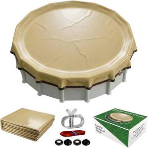 lot 111410 image: Upgraded 18ft21ft24ft28ft Round Winter Pool Covers for Above Ground Pool Cover 28FT Cover 4FT Overlap - 500D Windproof with Steel Cable & Heavy Duty Winch - Swimming Pool Winter Cover Beige
