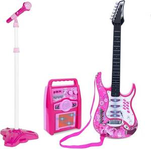 lot 111414 image: Willbebest Kids Karaoke Microphone & Guitar Set - Electric Guitar with Microphone Amplifier for Boys & Girls (Pink)