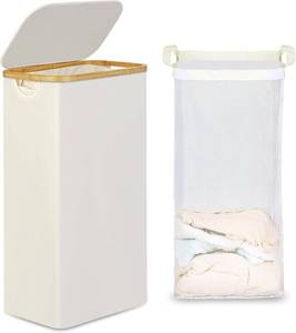 lot 211216 image: efluky Slim Laundry Basket with Lid, Narrow Laundry Hamper with Removable Bag, Skinny Dirty Clothes Basket with Bamboo Handles for Bathroom, Bedroom & Laundry Room, 75L Beige