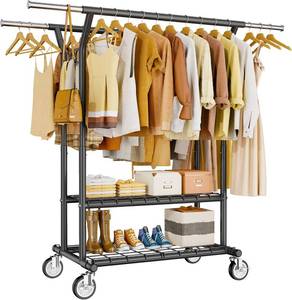 lot 211219 image: Heavy Duty Clothes Rack, Rolling Clothing Rack With Shelves Load 620 LBS, Double Rod Clothing Racks for Hanging Clothes, Portable& Adjustable Clothes Rack with Wheels,Black