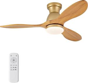 lot 211222 image: Retails for $140 Dimmable 42 Inch Flush Mount Ceiling Fans with Lights and Remote, 3 Blade Wood Bedroom Ceiling Fan with Lights Low Profile Ceiling Fan with Light Gold Outdoor Ceiling Fans for Patios Living Room