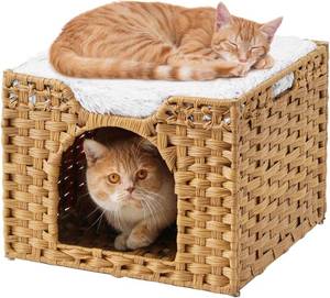 lot 211239 image: Cat Beds Indoor Kitten House, Handwoven Rattan Cat Cave Pet Cube, Large Cat Houses, One Bed Mat, Foldable, Hideaway, 16.5x16.5x13.2 Inches, 2 S-Shaped Hooks in Living Room Bedroom Natural