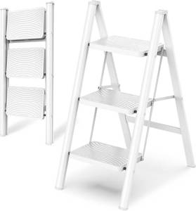 lot 211245 image: HBTower Step Ladder 3 Step Folding, Small Step Stool for Adults, Closet Step Stool Lightweight Kitchen Ladder 3 Step Ladder with Anti-Slip Wide Pedals, White