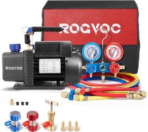 lot 311150 image: Retails for $106 Rogvoc 3.5 CFM AC Vacuum Pump and Manifold Gauge Set, 110V 14 HP Single Stage Rotary Vane Air Vacuum Pump HVAC for R12, R22, R410a, R134a AC Refrigerant Recharging with Carry Bag