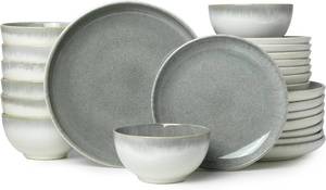 lot 311151 image: Retails for $130 Pokini 24 Piece Dinnerware Sets for 8, Modern Stoneware Plates and Bowls Sets, Perfect for Family Gatherings & Holiday Celebrations, Easy Cleaning Dishes, Stack Compactly Plate Set, Gradient Green