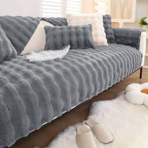 lot 311169 image: vctops Grey Faux Fur Fleece Sofa Cover Soft Cozy Fluffy Plush Bubble Couch Cover Non Slip Sectional Couch Cover Fuzzy Furry Sofa Slipcover Furniture Protector for Living Room (Dark Grey,28x28)