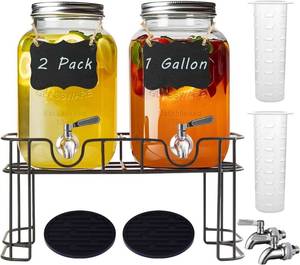 lot 311170 image: Galssmagic 1 Gallon Glass Drink Dispenser with Stand,2 Pack Glass Beverage Dispenser with Stainless Steel Spigot,Water Lemonade Dispenser for Parties