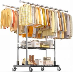 lot 411089 image: Luxspire Heavy Duty Clothes Rack Load 650 LBS, Double Rod Clothing Racks for Hanging Clothes, Rolling Garment Racks with Lockable Wheels, Shelves, Adjustable Laundry Hanging Rack, Silver