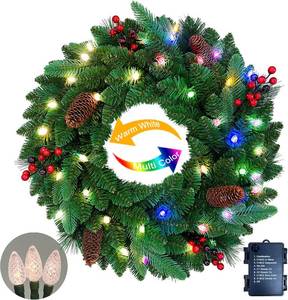 lot 411105 image: Assilyraft 26 inches Pre-lit Artificial Christmas Wreath with Red Berries, Pine Cones, 40 C3 Dual-Color Multi-Functional Battery Operated LED Lights with Timer