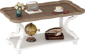 lot 411107 image: Retails for $149 Function Home Farmhouse Coffee Table, Rustic White Cocktail Table with Storage Shelf, Sofa Table with Natural Tray Top and Carved Legs for Living Room Furniture Dining Room, Vintage White