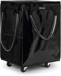 lot 411109 image: (Large, Black) Reusable Grocery Bag on 5 Wheels, Foldable Rolling Tote Carries Up to 76lb Shopping Trolley, Rolling Bag with 3 Handles, Zipper Clouser Rolling Tote Bag with Wheels for Laundry