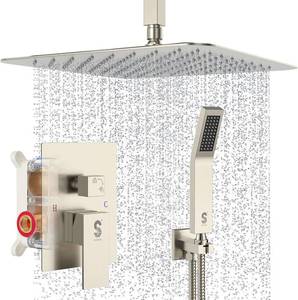 lot 411112 image: Retails for $270 SR SUN RISE 16 Inches Black Shower System Bathroom Luxury Rain Mixer Shower Combo Set Ceiling Mounted Rainfall Shower Head Faucet (Contain Shower Faucet Rough-In Valve Body and Trim)