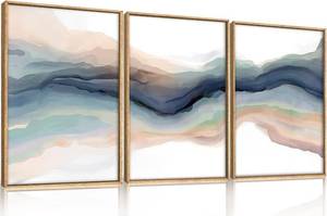 lot 411114 image: HLNIUC Blue Abstract Wall Art, Watercolor Line 16x24 Framed Art Set of 3, Modern Wave Canvas Wall Decor, Natural Landscape Paint Stroke Prints for Living Room, Bedroom, Office