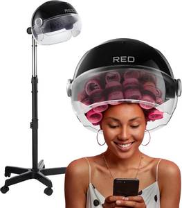 lot 411128 image: Retails for $170 RED by Kiss 3000 Ceramic Stand Hood Dryer with Digital Timer, Adjustable Height, 360 Wheels, 3 Temp Settings, Quick Drying, Comfortable Hood, Ideal for Home & Salon Use