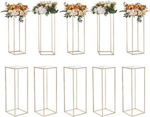 lot 411132 image: Retails for $135 VEVOR 10PCS 24inch High Wedding Flower Stand, With Acrylic Laminate,Metal Vase Column Geometric Centerpiece Stands, Gold Rectangular Floral Display Rack for Events Reception, Party Decoration