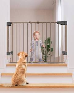 lot 391478 image: Cumbor 29.2 43 Baby Gate for Stairs, Wall-Mounted (Drill Required), Expandable No Bottom Bar Dog Gate, Auto Close Extra Wide Walk Thru, Pet & Toddler Proof Gate, Top & Bottom of Stairways (Brown)