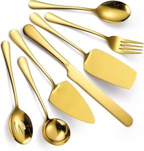 lot 491657 image: A HOUSEWARE Gold Serving Utensils Set Stainless Steel Large Silverware 7 Piece Include Big Spoon Fork Cake Server Knife Pizza Spatula Pefect for Buffet Catering Flatware
