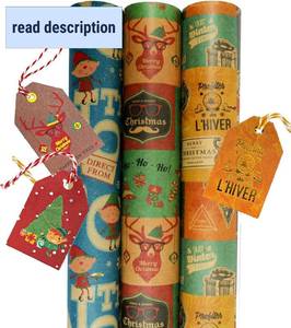lot 411095 image: Vintage Kraft Christmas Wrapping Paper 3 Retro Mid-Century Designs (Reindeer, Mistletoe, Soda Shoppe) 112.5 Sq Ft for Gifts, Shipping & Crafts
