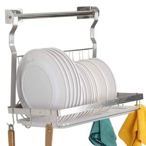 lot 44496 image: TQVAI Over Sink Dish Drainer Drying Rack, Stainless Steel Foldable Wall Mounted Dish Racks with Drainboard Hanging Rod and Sponge Holder, Silver - Retail $29