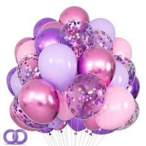 lot 44502 image: 68Pcs Pink and Purple Balloons 12 Inch Metallic Purple Pink Latex Balloon Confetti ballons with Ribbons Party Balloons for Wedding Girls Birthday Baby Shower Decorations. - Retail $8