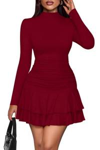 lot 44505 image: PRETTYGARDEN Womens Fall Long Sleeve Dresses 2025 Mock Neck Ruched Y2K Clothes Ruffle Layered Bodycon Mini Party Dress(Burgundy,X-Large) - Retail $43