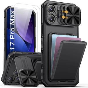 lot 44506 image: SSLOTSCASE for iPhone 17 Pro Max Case with 2X Screen Protector, Credit Card Holder & Kickstand & Slide Camera Lens Cover, Silicone Edge Rugged Heavy Duty Phone Case Cover for iPhone 17 Pro Max, Black - Retail $29