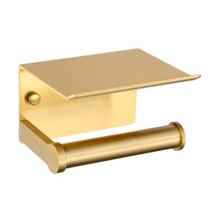 lot 44515 image: Gold Toilet Paper Holder Wall Mount with Shelf - Self-Adhesive & Screw Mounted, Rust-Resistant Aluminum Bathroom Tissue Dispenser - Retail $14