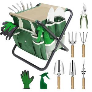 lot 44532 image: Pre Owned HoHaing Garden Tool Set, 10 Piece Kit with Heavy Duty Folding Stool, Detachable Storage Tote Bag, Stainless Steel Tools, Gifts for Women Men Green - Retail $39