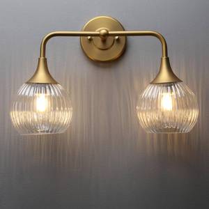 lot 44536 image: PERMO Wall Sconce Vintage Vanity Light Antique 2 Lights Sconce with Clear Ribbed Globe Glass Shade Antique Brass Gold Double Sconces for Bathroom - Retail $110
