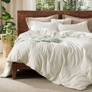 lot 44539 image: Bedsure 100% Washed Cotton Duvet Cover King Size - Ivory Minimalist Cotton Duvet Cover Linen Like for All Seasons - GentleSoft�� Plain Simple Bedding, 3 Pieces (Ivory, King, 104x90) - Retail $58