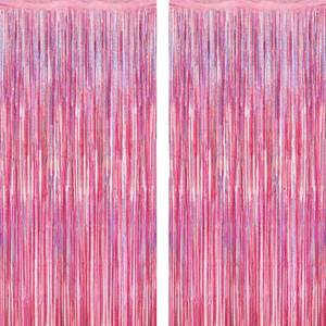 lot 44554 image: 2 Pack Glitter Pink Backdrop, 3.28 FT x 7.05 FT Birthday Party Decorations, Laser Pink Fringe Curtains Foil Streamer Tinsel, Pink Curtains Photo Backdrop Happy Birthday Valentines Day Backdrop - Retail $6
