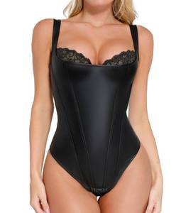 lot 44564 image: Popilush Leather Bodysuits for Women Tank Tops Faux Leather Tummy Control Shapewear Lace Thong Body Shaper Medium - Retail $70