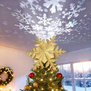 lot 44566 image: DG-Direct Christmas Tree Topper Lighted with Golden Snowflake Projector, Led Rotating Magic Snowflake, 3D Hollow Glitter Lighted Gold Snow Tree Topper for Christmas Tree Decorations - Retail $20