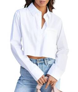 lot 44569 image: BONITEE Women White Cropped Button Down Shirts Fall Long Sleeve Button Up Crop Blouses 2026 Spring Casual Sexy Lapel Tops with Pocket Medium - Retail $28