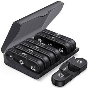 lot 44574 image: PULIV Weekly Pill Organizer 3 Times a Day, Portable Travel Pill Box 7 Day with Large Pill Containers, Light-Proof Pill Case for Vitamins, Medication, Supplements and Fish Oils (Black) - Retail $10