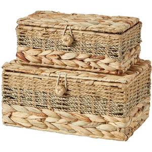 lot 44575 image: VinneGenzz 2PCS Wicker Storage Baskets with Lids Decorative Bohemian Handmade Rattan Boxes Natural Water Hyacinth Seagrass Paper Rope Woven Bins Shelf Container Memory Keepsake Photo Makeup Organizer - Retail $33