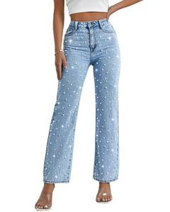 lot 44579 image: EZAPINE Pearl Jeans for Women High Waisted Straight Leg Flare Bootcut Pants Stretchy Relaxed Fit Boyfriend Casual Jeans Blue Medium - Retail $35
