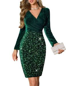 lot 44580 image: DRESSTELLS Green Velvet Sequin Cocktail Dress, Womens Sparkly Long Sleeve Winter Christmas Holiday Party Modest Wedding Guest Dresses Dark Green XL - Retail $60